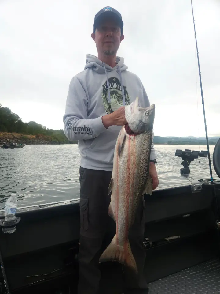 A man holding a chinook salmon on an overcast morning
