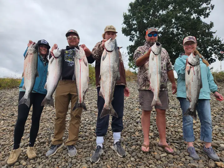 Five people on a rocky bank holding chinook salmon
