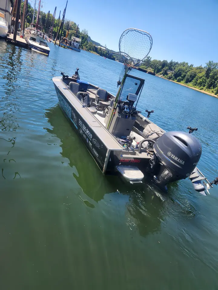 The Catching Chrome guide boat, rigged and ready on the trailer
