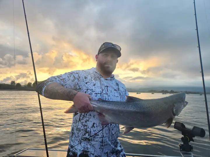 A man holding a chinook salmon in golden sunrise light on the river
