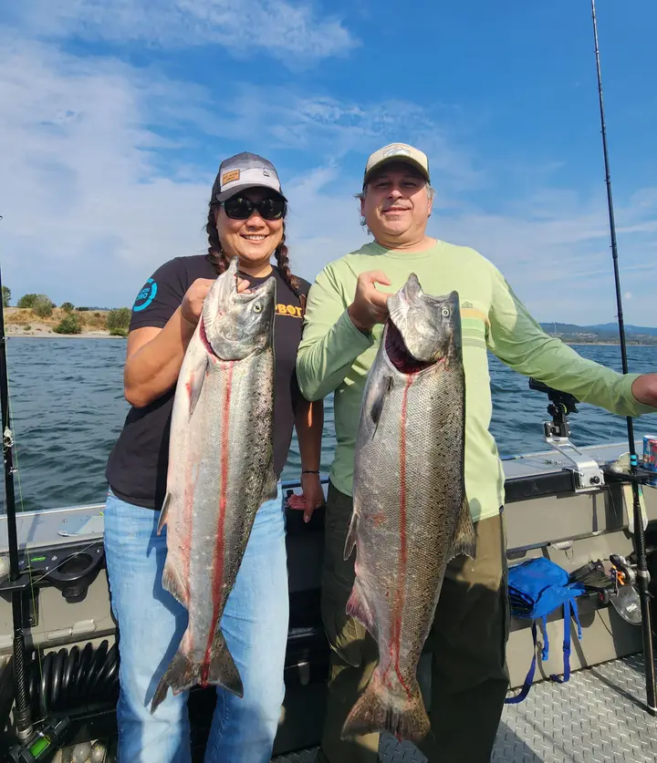 A couple holding two chinook salmon in bright sunshine