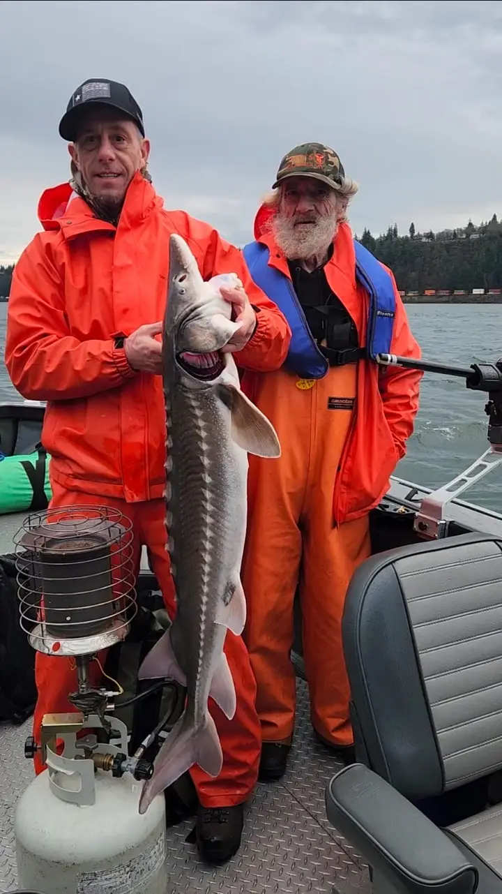 Two men in orange rain gear holding a sturgeon
