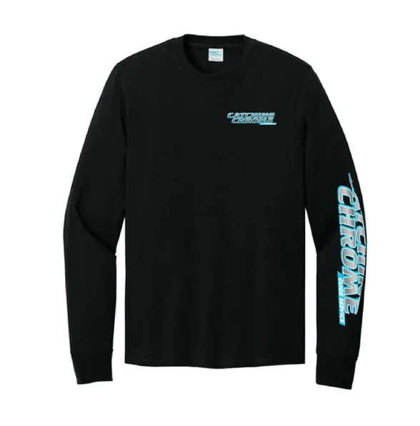 Black Catching Chrome long sleeve tee with a chest logo and a sleeve print