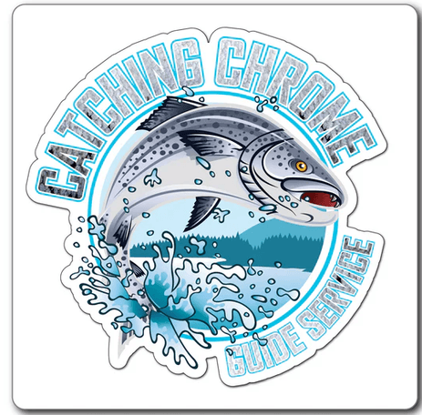 Catching Chrome Guide Service die-cut sticker showing a leaping salmon