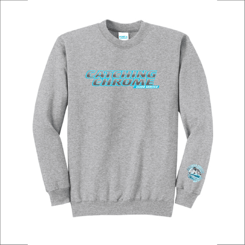 Athletic heather grey Catching Chrome crewneck sweatshirt with the chrome logo across the chest