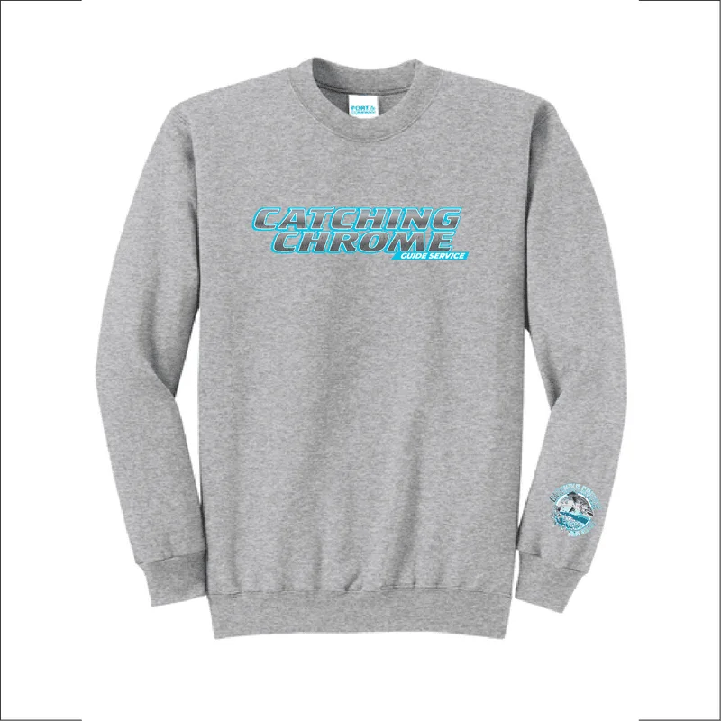 Athletic heather grey Catching Chrome crewneck sweatshirt with the chrome logo across the chest