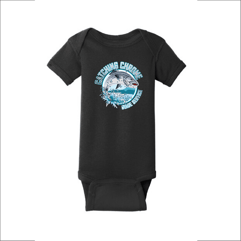Black Catching Chrome baby onesie with the round salmon logo