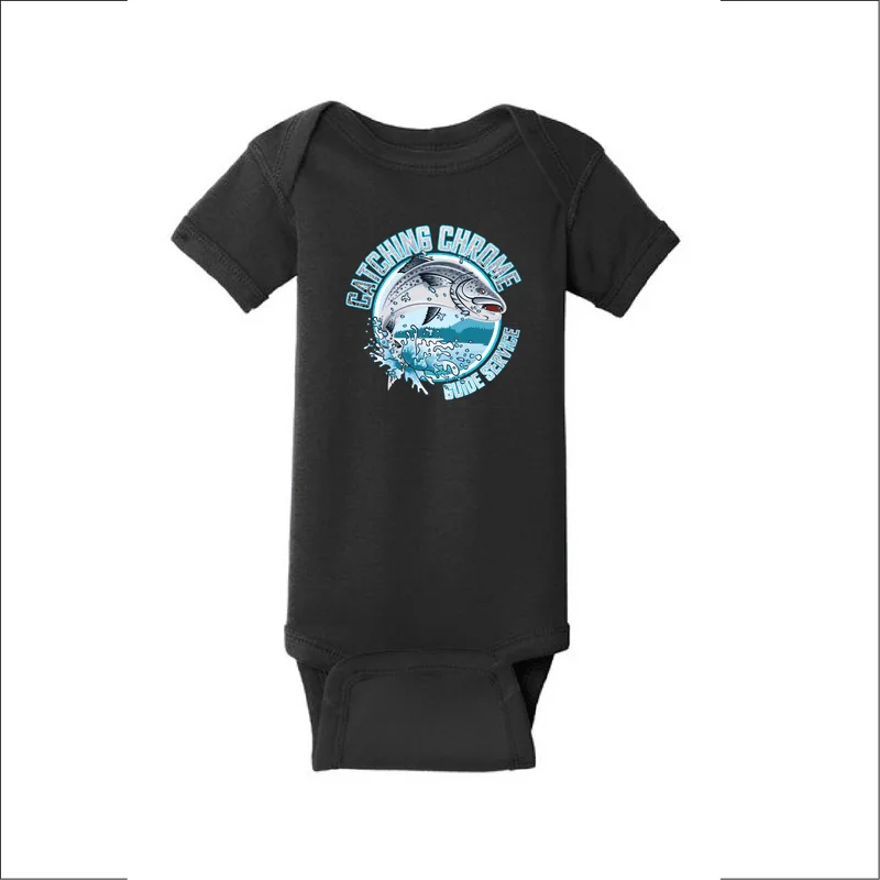 Black Catching Chrome baby onesie with the round salmon logo